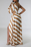 Stripe Casual Striped Print Backless Slit Oblique Collar Long Dresses