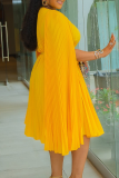 Blue Casual Solid Color With Belt Pleated O Neck Long Dresses