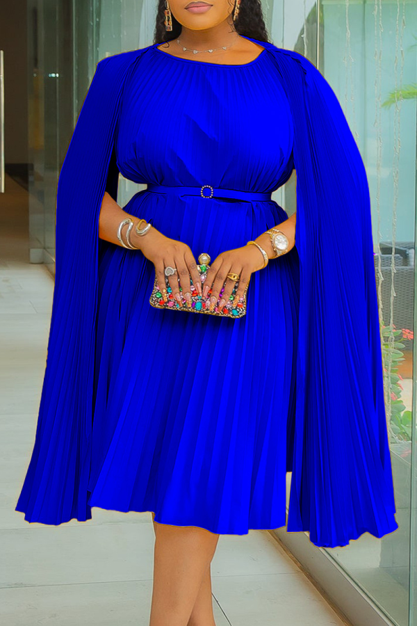 Blue Casual Solid Color With Belt Pleated O Neck Long Dresses
