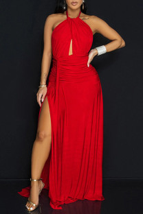 Red Sexy Solid Color Hollow Out Backless Slit Ruched Belted Halter Long Dresses