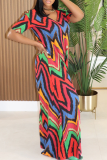 Orange Red Casual Print Patchwork V Neck Loose Jumpsuits