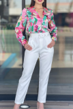 Rose Red Casual Print Pocket Buckle Turndown Collar Long Sleeve Two Pieces