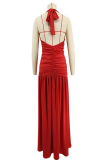 Red Sexy Solid Color High Slit Ruched Deep V Neck Long Dresses