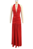Red Sexy Solid Color High Slit Ruched Deep V Neck Long Dresses