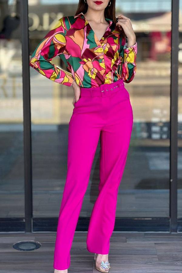 Rose Red Casual Print Pocket Buckle Turndown Collar Long Sleeve Two Pieces