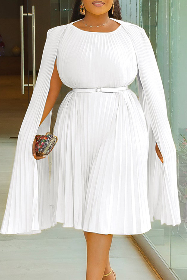 White Casual Solid Color With Belt Pleated O Neck Long Dresses