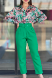 Rose Red Casual Print Pocket Buckle Turndown Collar Long Sleeve Two Pieces