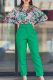 Green Casual Print Pocket Buckle Turndown Collar Long Sleeve Two Pieces