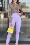 Rose Red Casual Print Pocket Buckle Turndown Collar Long Sleeve Two Pieces