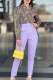 Light Purple Casual Print Pocket Buckle Turndown Collar Long Sleeve Two Pieces