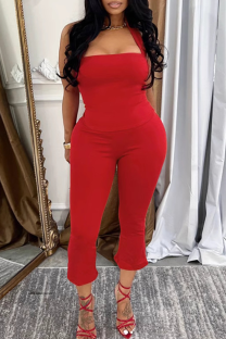 Red Casual Solid Color Backless Halter Sleeveless Two Pieces
