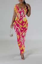 Red Casual Geometric Print Contrast O Neck One Step Skirt Dresses