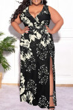 Light Green Casual Floral Print Lace Up Slit V Neck Printed Plus Size Dresses