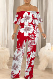 Tibetan Blue Sexy Floral Print Flounce Contrast Off Shoulder Loose Jumpsuits