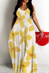 Light Yellow Casual Graffiti Print Pocket Contrast O Neck Printed Dresses
