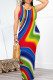 Rainbow Color Casual Geometric Print Backless Contrast O Neck One Step Skirt Dresses