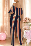 Blue White Sexy Striped Print Pocket Flounce Contrast Off Shoulder Jumpsuits