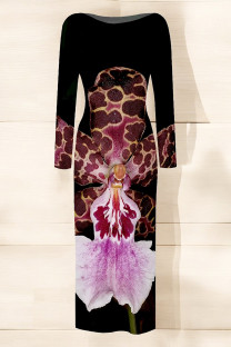 Black Elegant Flowers Print Contrast O Neck Printed Dresses