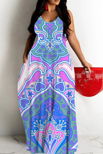 Blue Purple Sexy National Totem Print Pocket Contrast O Neck Long Dresses