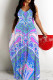 Blue Purple Sexy National Totem Print Pocket Contrast O Neck Long Dresses