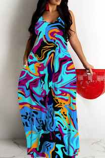 Baby Blue Sexy Skull Head Striped Print Pocket Contrast O Neck Printed Dresses