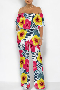 White Sexy Floral Print Flounce Contrast Off Shoulder Loose Jumpsuits