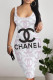 White Pink Sexy Letter Print Flowers Contrast U Neck Printed Dresses