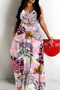Pink Sexy National Totem Print Pocket Contrast O Neck Long Dresses