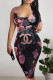 Black Pink Sexy Letter Print Gradient Contrast U Neck Printed Dresses