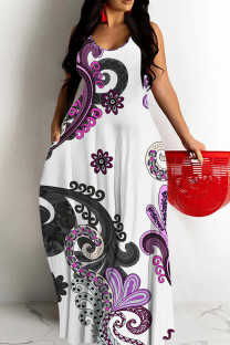 White Sexy National Totem Print Pocket Contrast O Neck Long Dresses