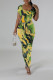 Grass Green Casual Geometric Print Contrast O Neck One Step Skirt Dresses
