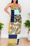 Multicolor Sexy National Totem Print Pocket Contrast O Neck Long Dresses