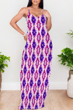Purple Sexy Geometric Print Pocket Contrast O Neck Printed Dresses
