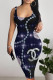 Blue Sexy Letter Print Flowers Contrast U Neck Printed Dresses