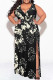 Black Casual Floral Print Lace Up Slit V Neck Printed Plus Size Dresses