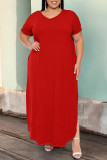 Blue Casual Solid Color Slit V Neck Short Sleeve Plus Size Dresses