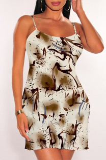 Light Coffee Sexy Geometric Print Contrast U Neck Printed Dresses