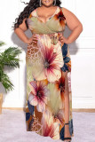 Light Green Casual Floral Print Lace Up Slit V Neck Printed Plus Size Dresses
