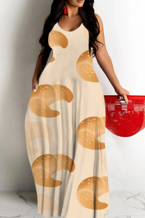 Light Orange Casual Graffiti Print Pocket Contrast O Neck Printed Dresses