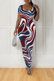 Grass Green Casual Geometric Print Contrast O Neck One Step Skirt Dresses