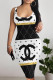 Black White Sexy Letter Print Flowers Contrast U Neck Printed Dresses