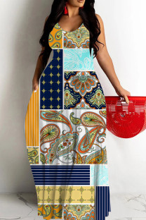 Multicolor Sexy National Totem Print Pocket Contrast O Neck Long Dresses