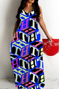 Blue Sexy Skull Head Striped Print Pocket Contrast O Neck Printed Dresses