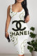 White Sexy Letter Print Flowers Contrast U Neck Printed Dresses