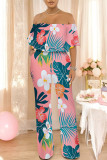 Tibetan Blue Sexy Floral Print Flounce Contrast Off Shoulder Loose Jumpsuits