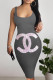 Dark Gray Sexy Letter Print Gradient Contrast U Neck Printed Dresses