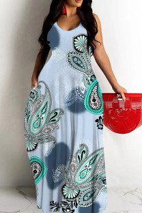 Light Blue Sexy National Totem Print Pocket Contrast O Neck Long Dresses