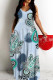 Light Blue Sexy National Totem Print Pocket Contrast O Neck Long Dresses