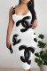 Black Gray Sexy Letter Print Flowers Contrast U Neck Printed Dresses