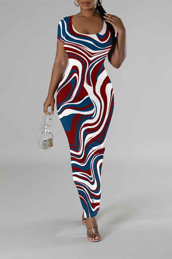 Burgundy Casual Geometric Print Contrast O Neck One Step Skirt Dresses